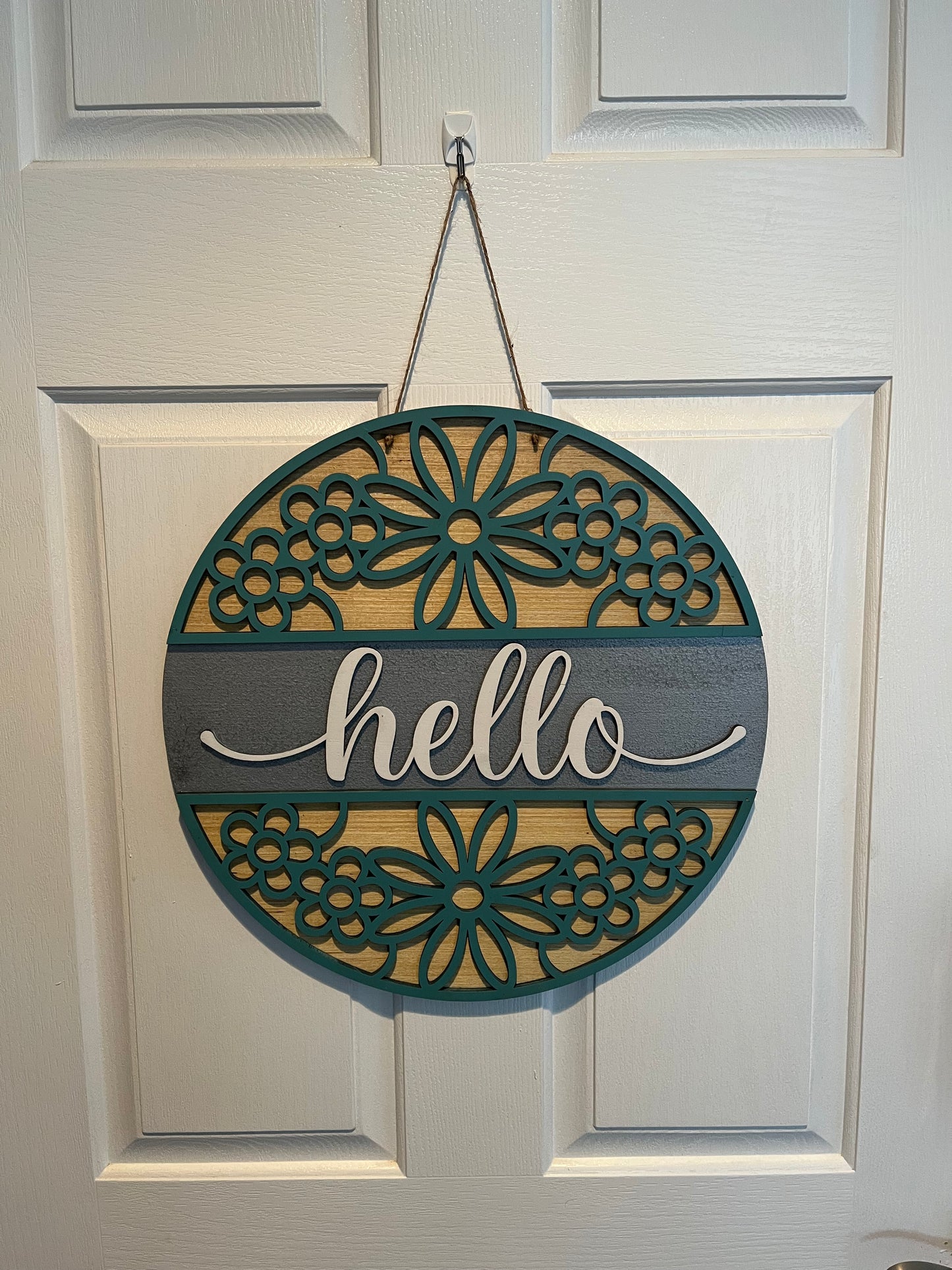 Teal and grey hello door hanger