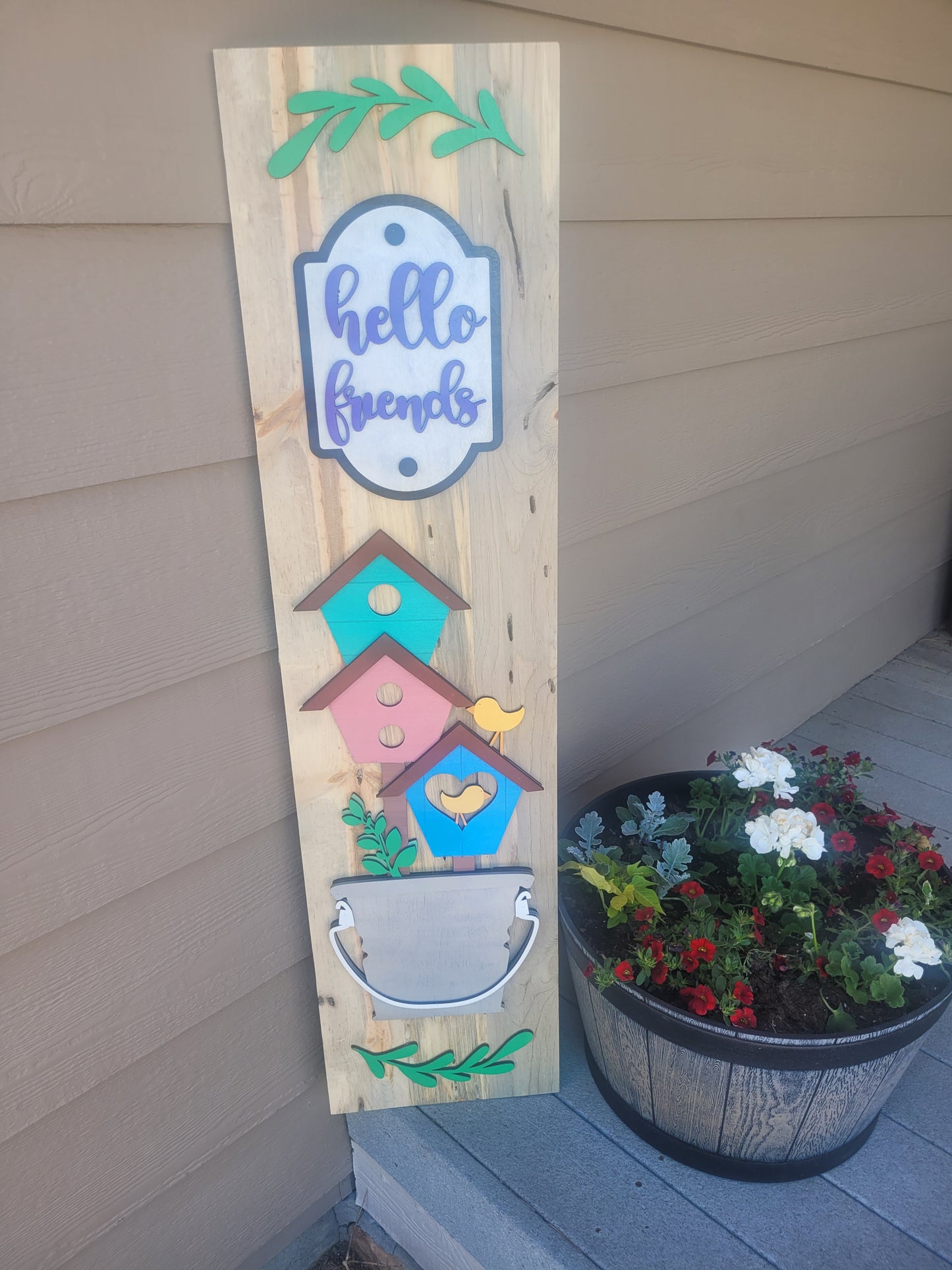 4ft Porch Sign Hello Friends with Bird Houses