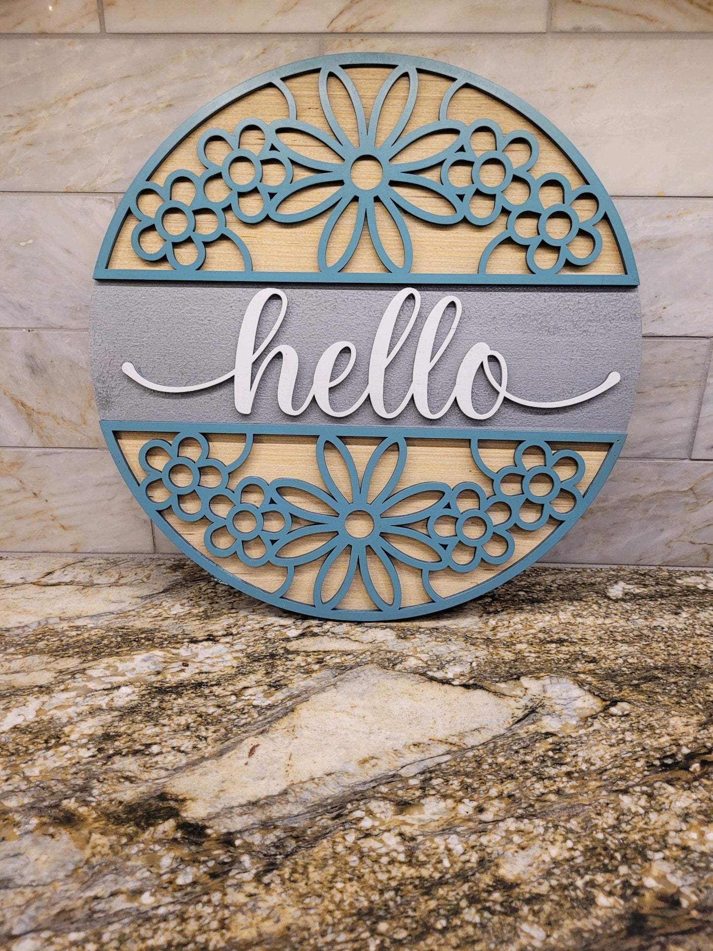 Teal and grey hello door hanger