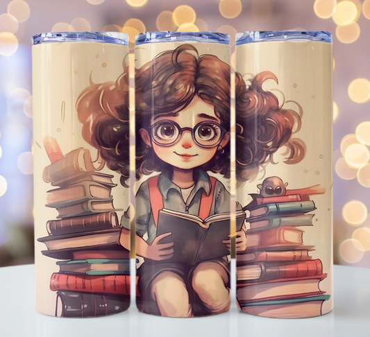 Girl with a stack of books