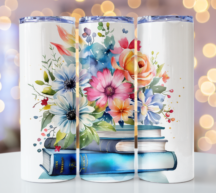 Stack of books with flowers